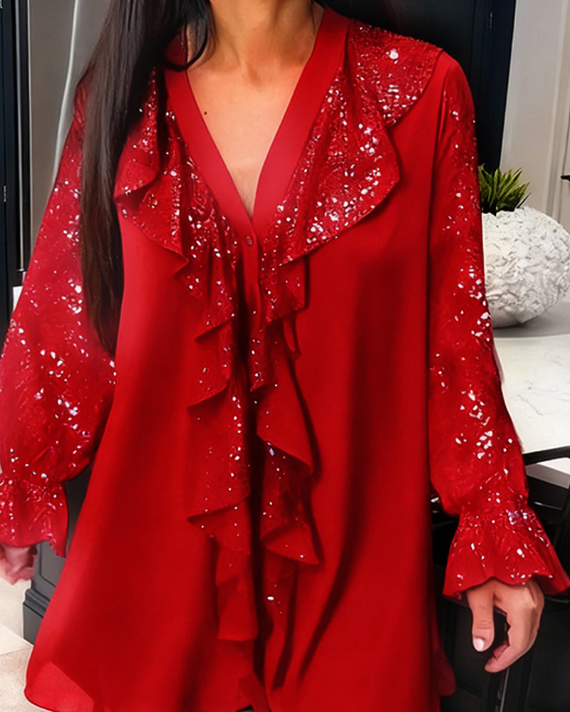 Loose Solid Colour Blouses with Ruffles