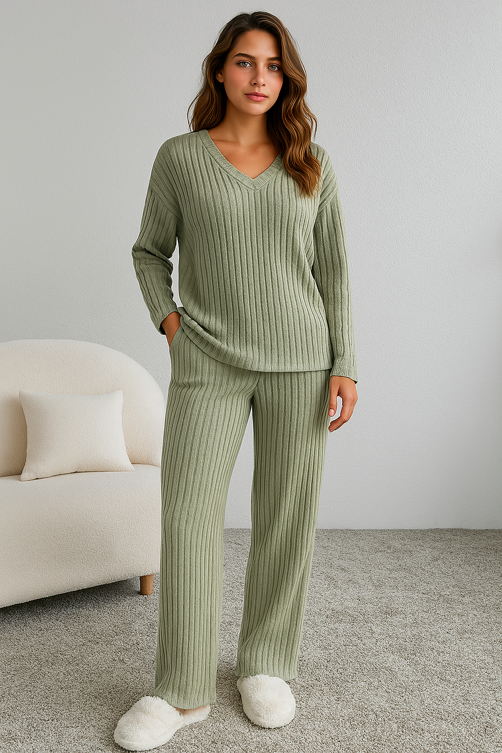 Noelle | V-Neck Ribbed Knit Lounge Set