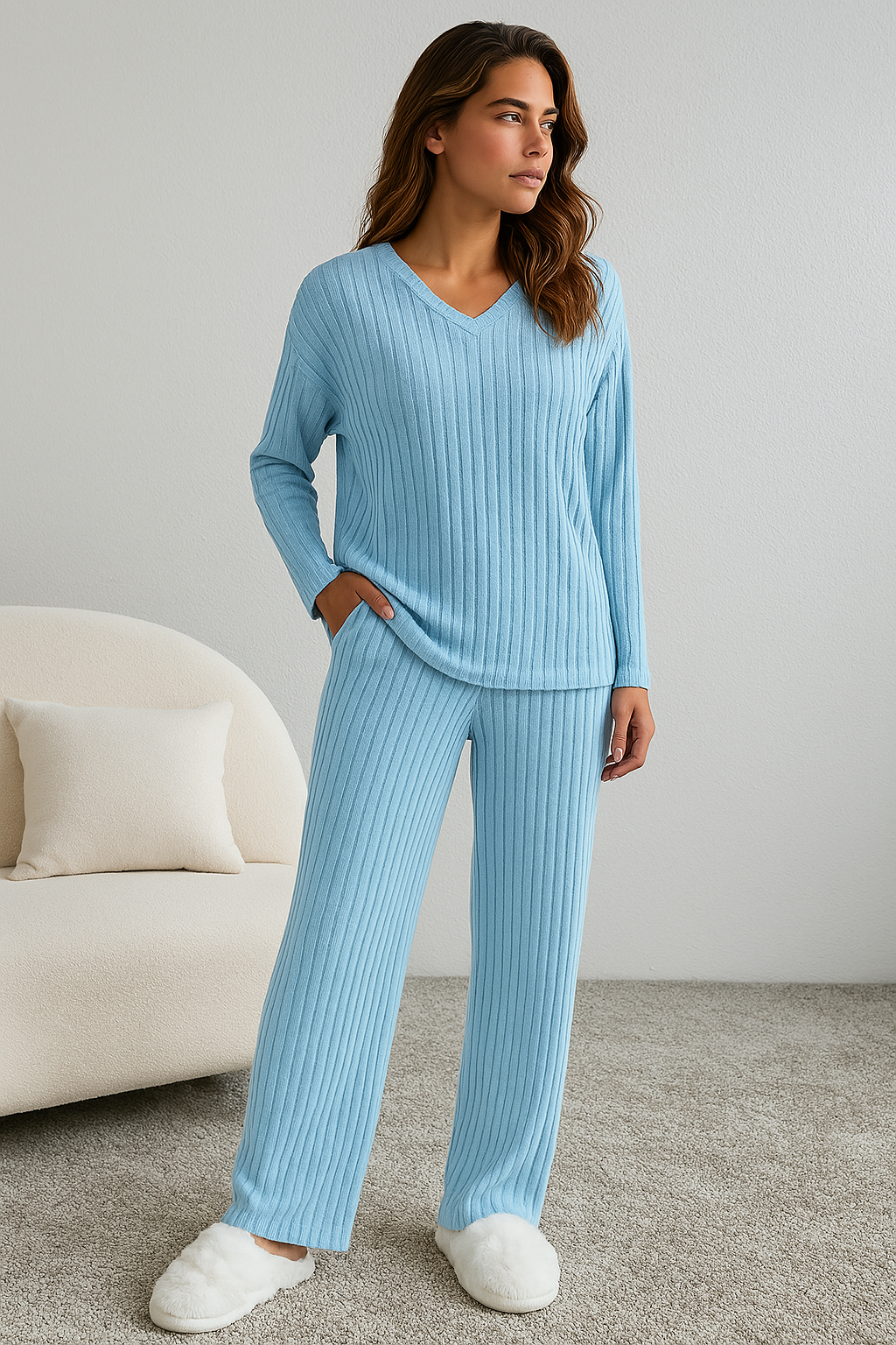Noelle | V-Neck Ribbed Knit Lounge Set
