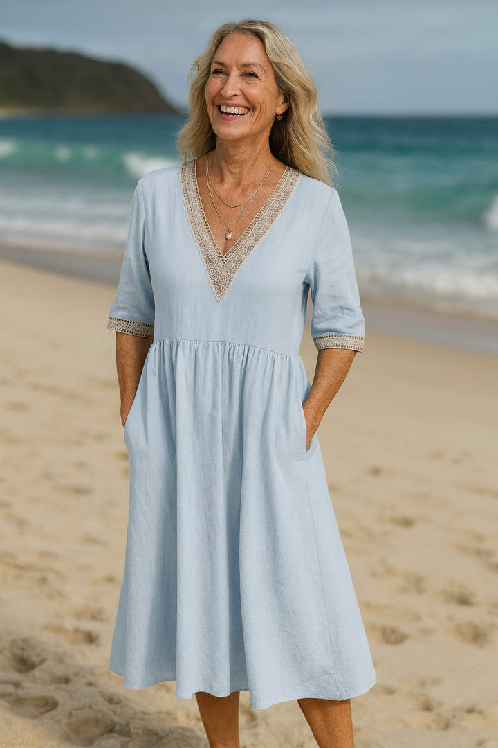 Elayna | Soft-Linen Lace Midi Dress – Effortless Beauty, Everyday Ease