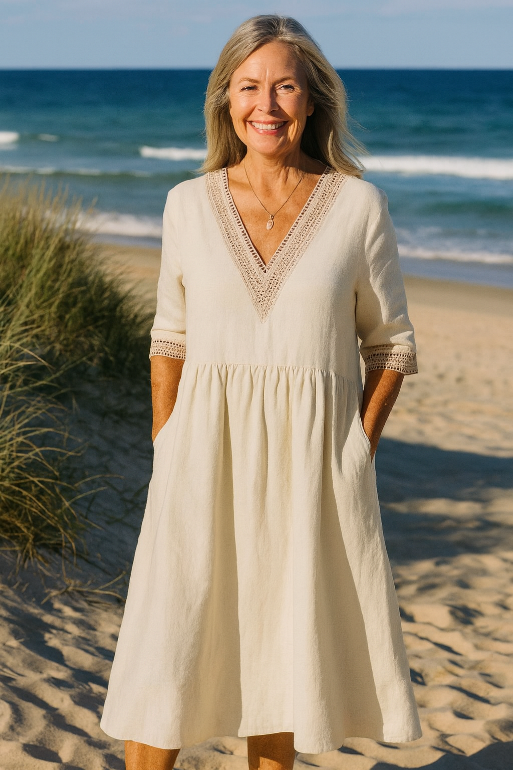 Elayna | Soft-Linen Lace Midi Dress – Effortless Beauty, Everyday Ease