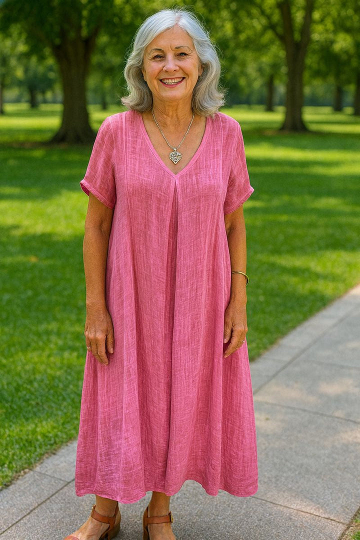 Serenne | Cotton-Linen FlowVee Midi Dress – Refined Elegance, Everyday Ease