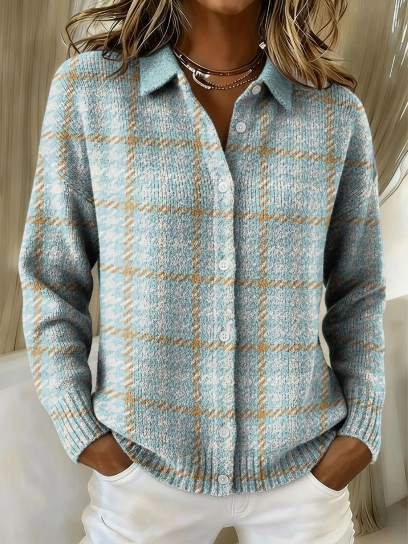 Tara™ – Checked Hoodie Blouse with Sand-Coloured Accents